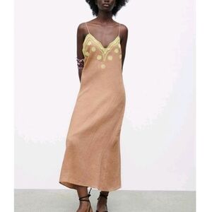 Zara Linen Midi Slipdress Embroidered Tan Chartreuse Embroidery Beachy Breezy XL